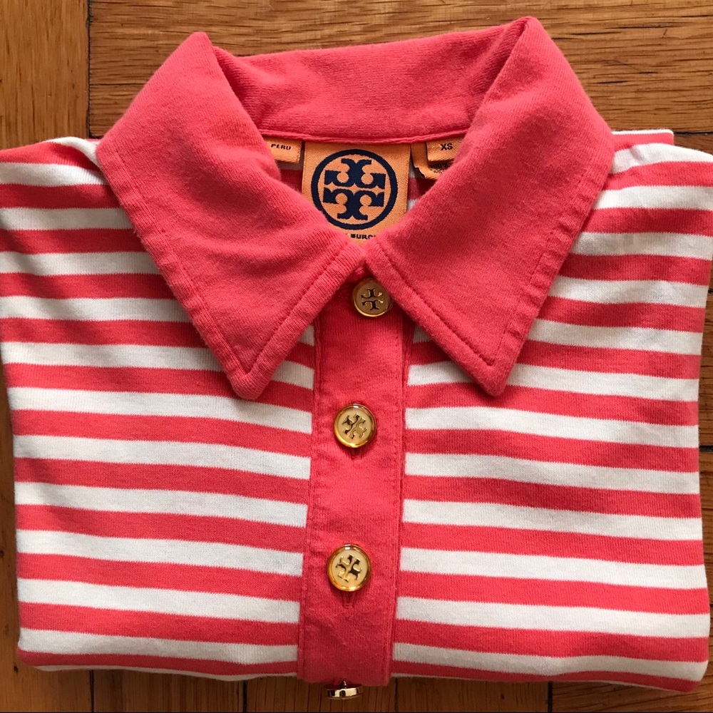 Tory Burch short sleeve polo shirt. Striped/ XS
